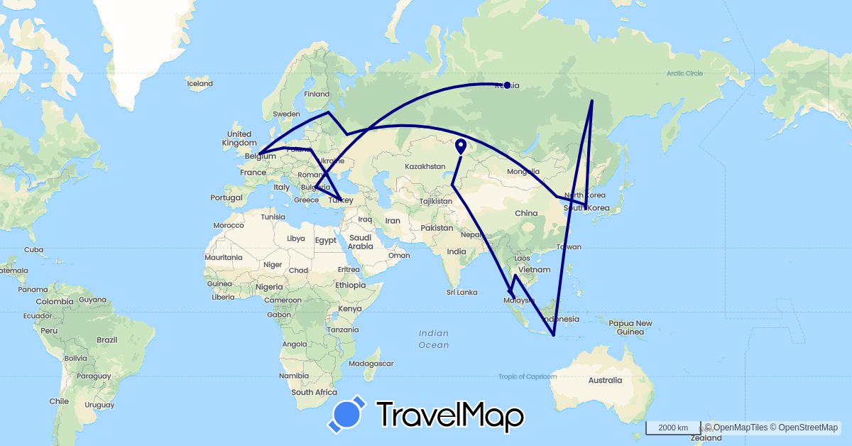TravelMap itinerary: driving in Belgium, Bulgaria, Belarus, China, Germany, Indonesia, South Korea, Kazakhstan, Malaysia, Poland, Russia, Thailand, Turkey (Asia, Europe)